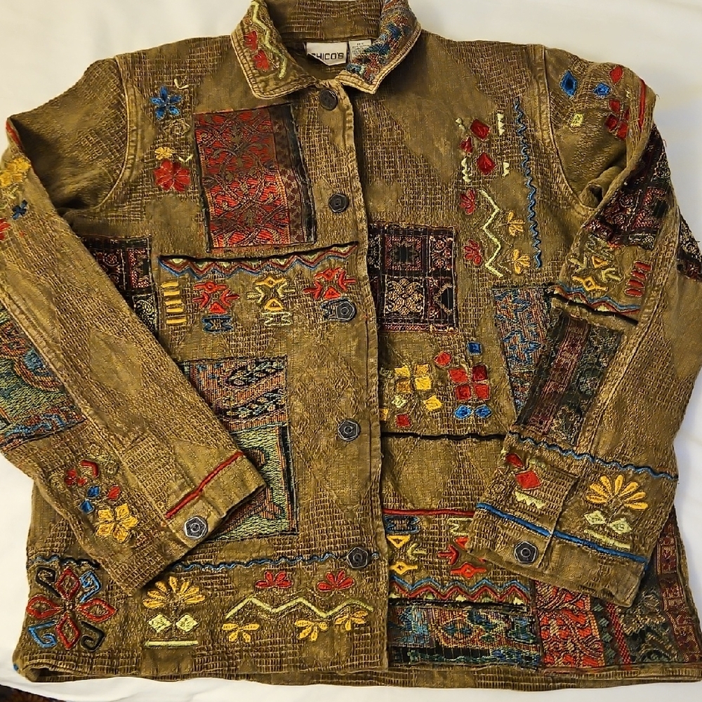 Chico's Olive Patchwork Embroidered Jean Jacket - image 1